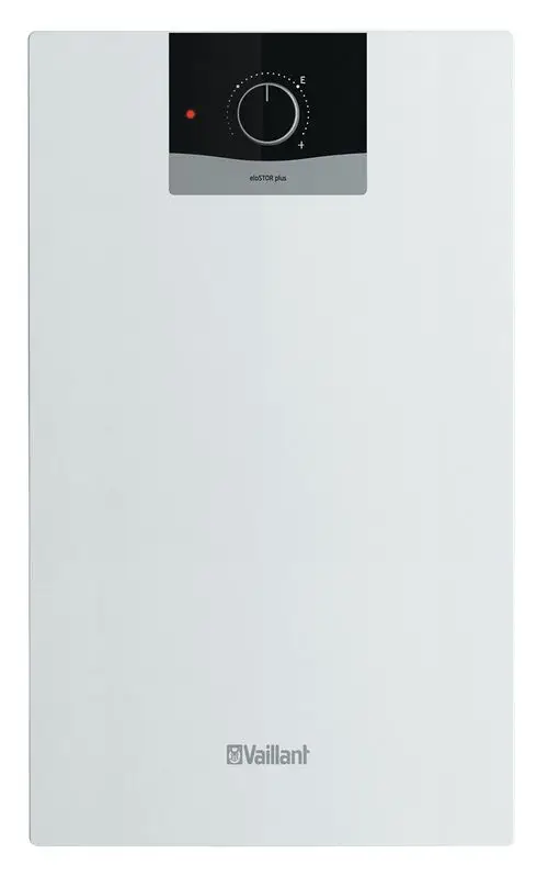 Weißer Vaillant-Wasserspeicher mit einer Steuerungseinheit oben, versehen mit einem Einstellregler und einer Betriebsanzeige in roter LED.